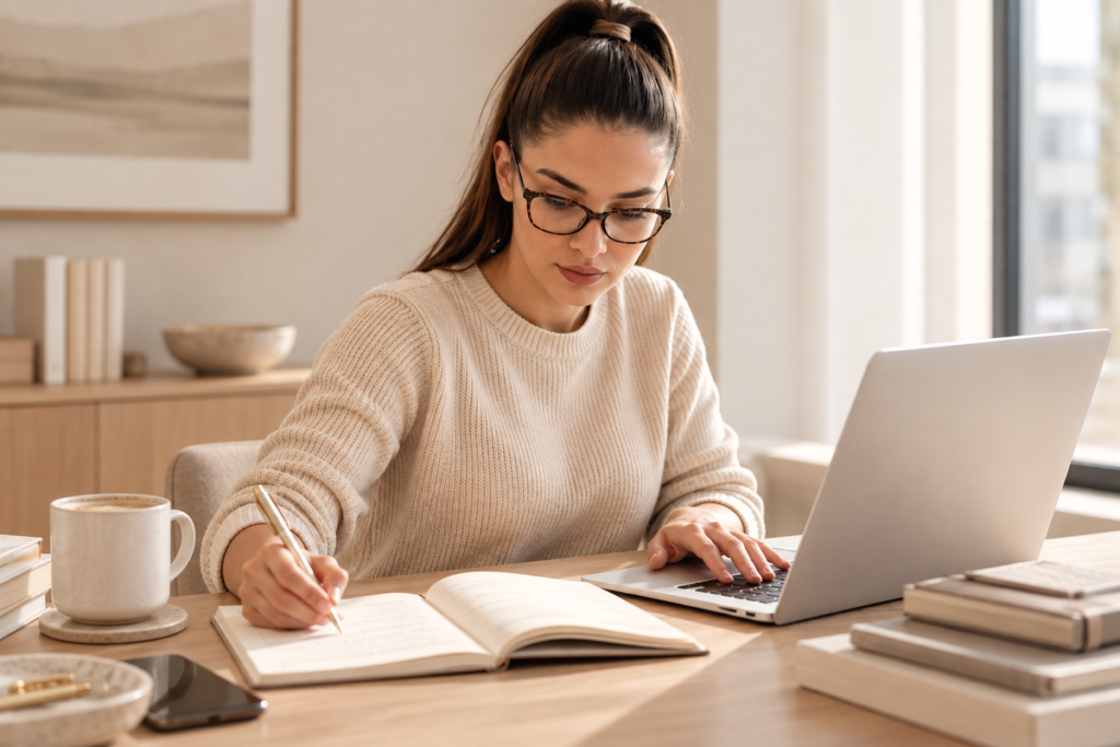 Woman writing in a journal beside her laptop in a bright, calm workspace, practicing a simple habit for better focus and organization