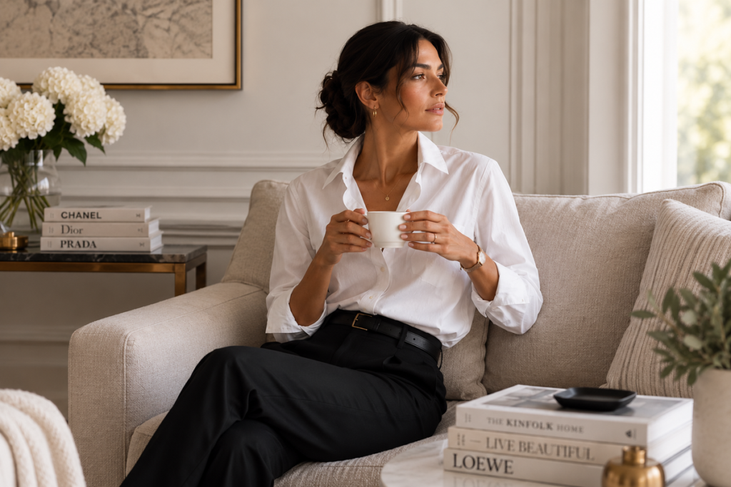 Woman enjoying a quiet coffee break in a bright, elegant living room, taking a moment to pause and reset her focus.