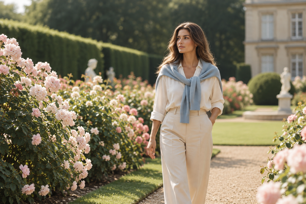 Woman taking a peaceful walk through a sunlit garden, enjoying a quiet moment to think and reset her focus