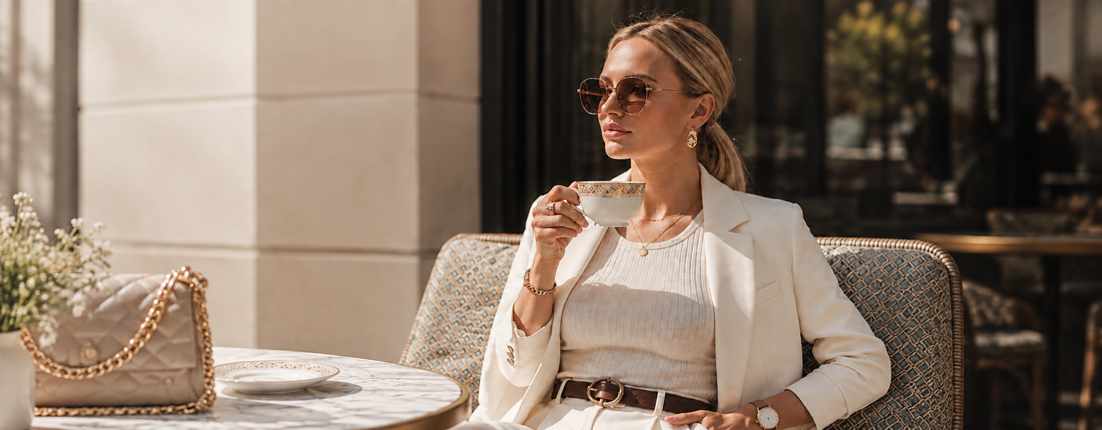 Woman enjoying a quiet morning coffee at a sunlit café, reflecting a calm and focused daily routine.