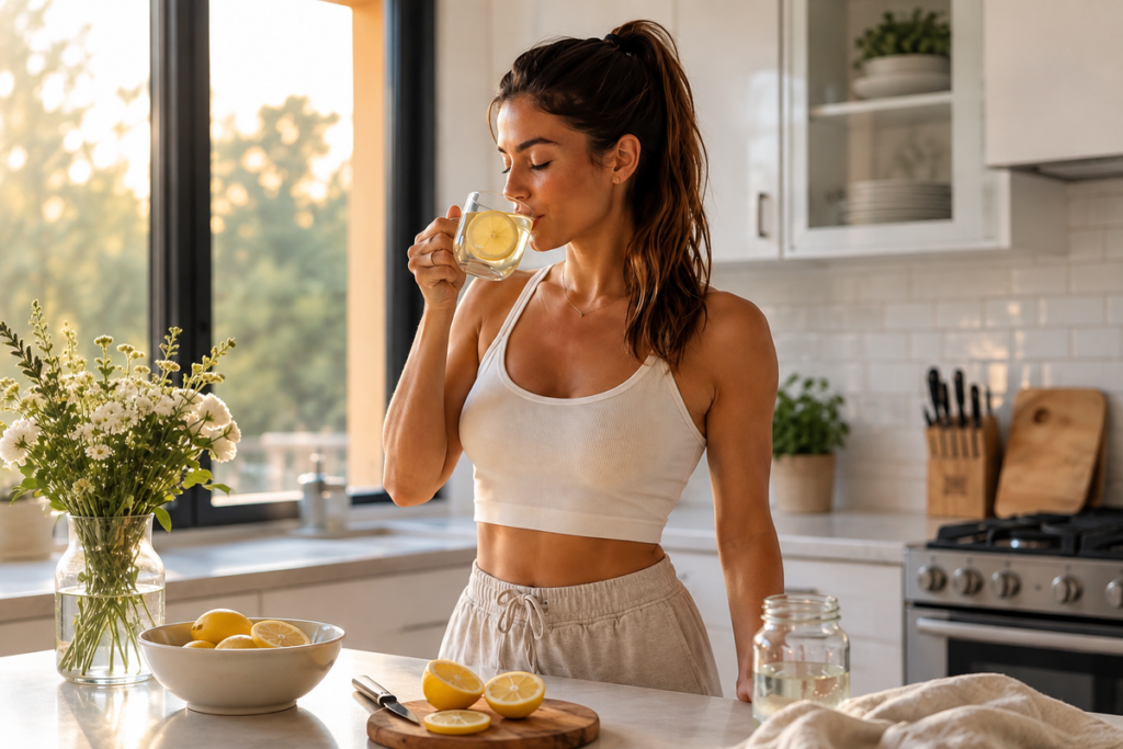Woman drinking lemon water in a bright, sunlit kitchen as part of a healthy morning routine.