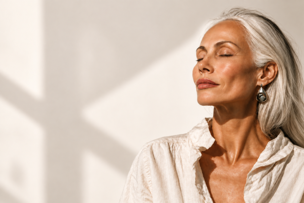 Mature woman with silver hair relaxing with her eyes closed in warm natural sunlight, representing calm, mindfulness and healthy aging.