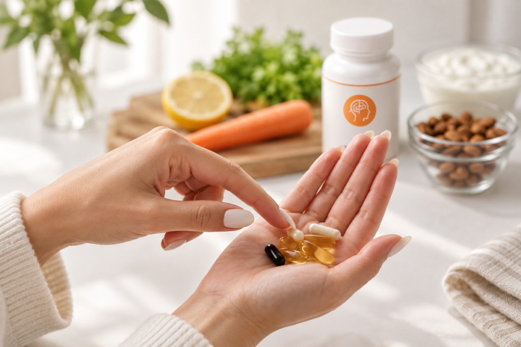 Woman holding a selection of daily supplements in her hands beside fresh foods and a supplement bottle in a bright, naturally lit wellness setting.