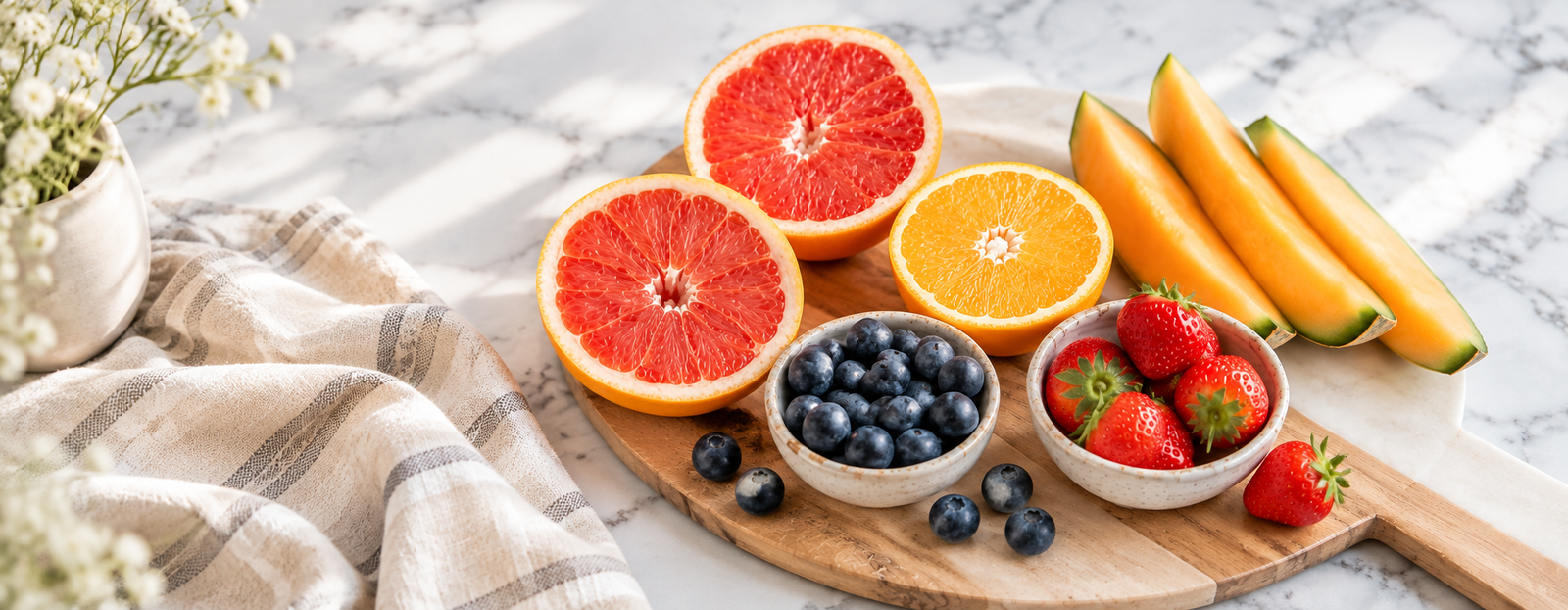 Fresh fruit including grapefruit, orange, cantaloupe, blueberries and strawberries.