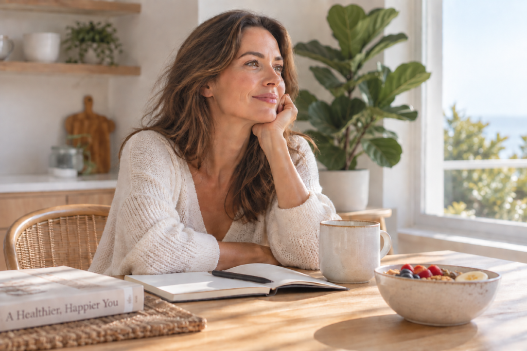 Woman enjoying a quiet morning wellness routine with a journal, healthy breakfast and coffee in a bright, sunlit kitchen.