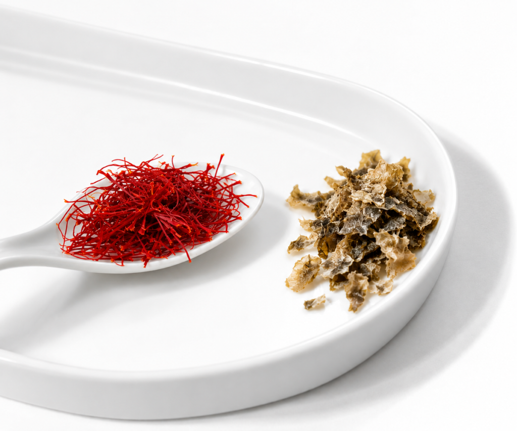 Red saffron threads in a white ceramic spoon beside dried seaweed on a clean white plate.