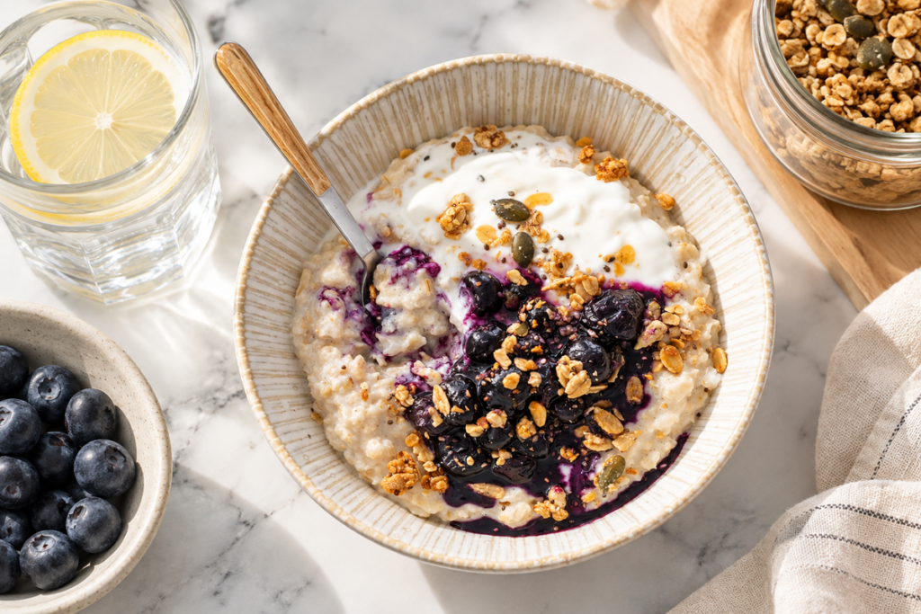 Bowl of oatmeal topped with blueberries, yogurt, granola and seeds, served with a glass of lemon water as a fiber-rich breakfast.
