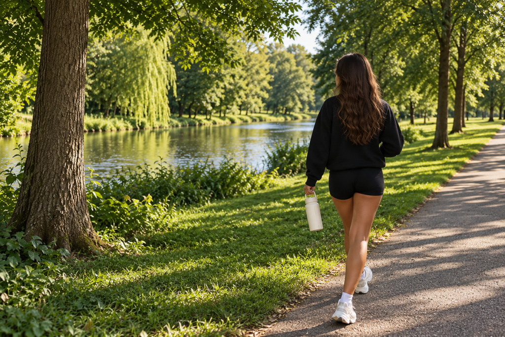 Woman taking a morning walk along a tree-lined path beside a river while carrying a water bottle, representing daily movement and healthy digestion.