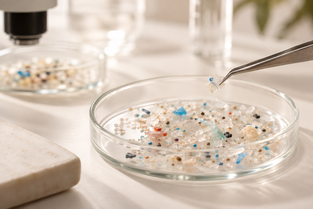 Microplastic particles being examined with tweezers in a laboratory dish, representing scientific research into microplastic exposure and health.