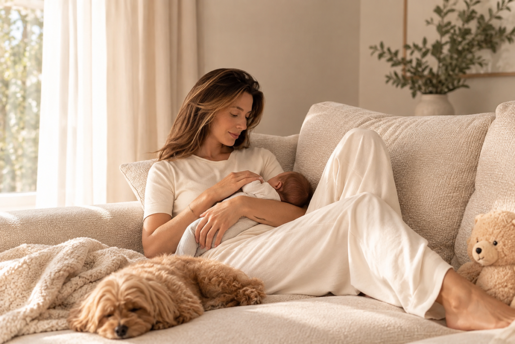 Mother holding her baby in a bright, peaceful home as research continues into microplastic exposure and women’s health.