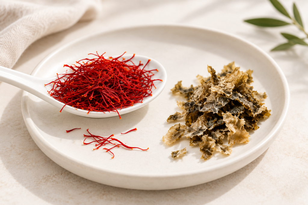 Red saffron threads beside dried brown seaweed on a neutral ceramic plate, highlighting natural ingredients used in wellness and cognitive health research.