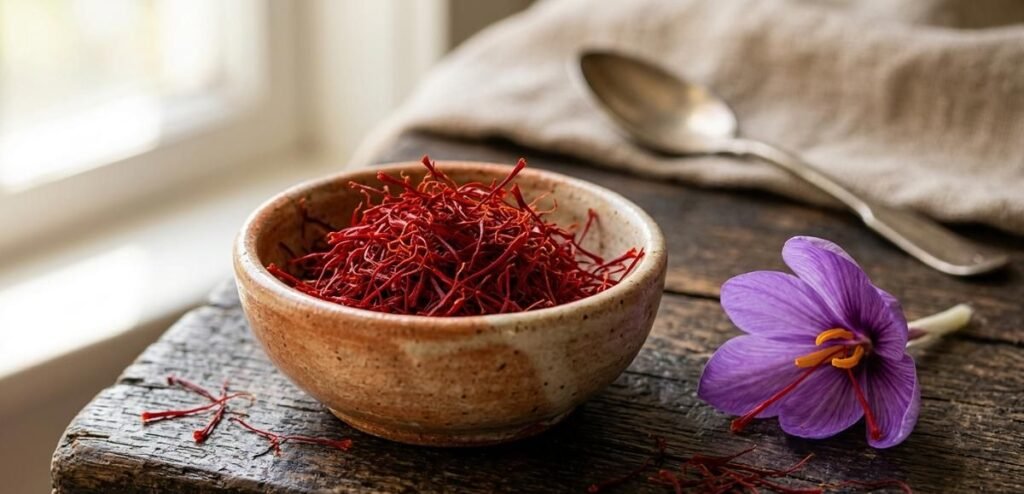 Saffron threads in a ceramic bowl beside a purple saffron flower on a rustic wooden table.