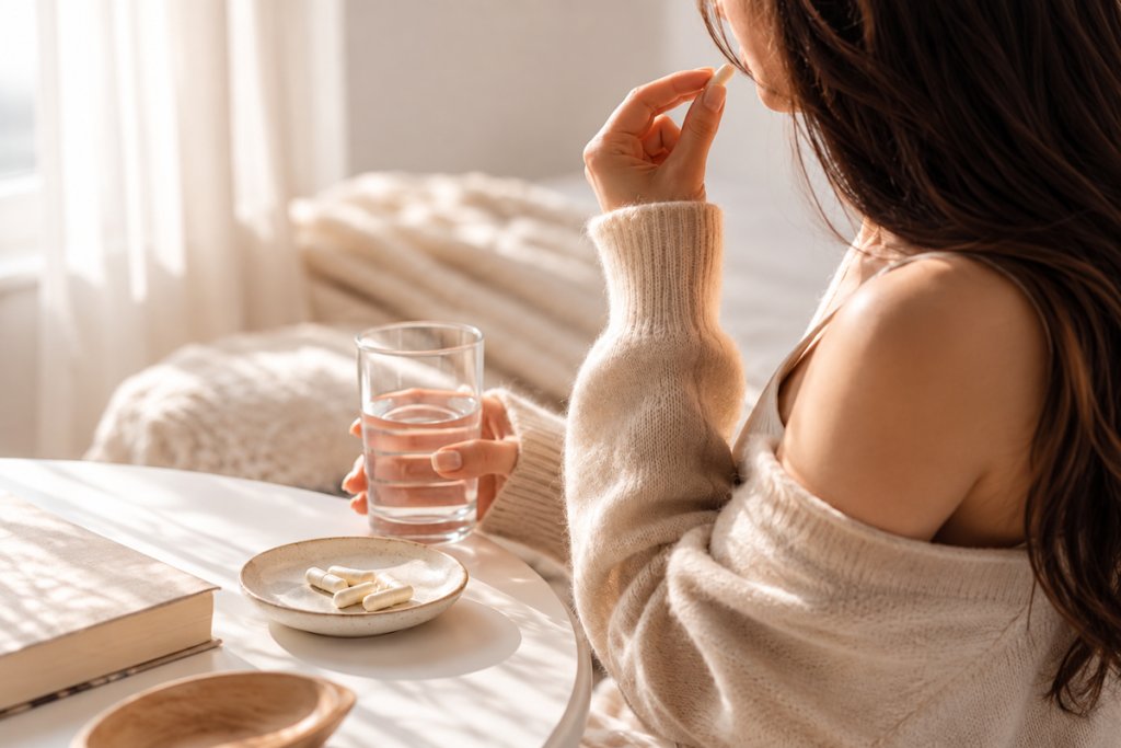 Woman taking a daily supplement with a glass of water in a bright, sunlit setting, with capsules resting on a small ceramic dish.