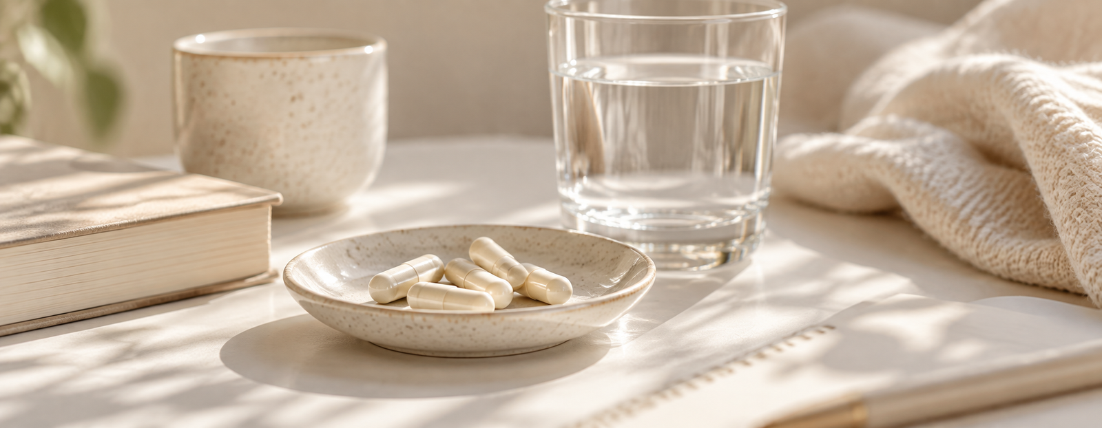 Daily supplement capsules beside a glass of water in a bright, sunlit setting with soft neutral tones.