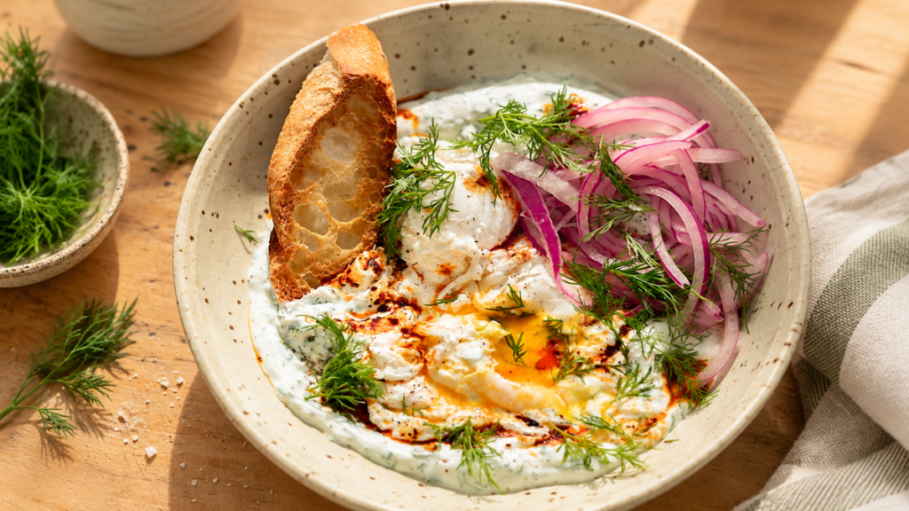 Healthy meal with eggs, creamy yogurt, red onion, fresh dill and toasted bread served in a ceramic bowl on a sunlit table.