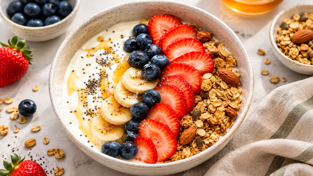 Yogurt bowl topped with strawberries, blueberries, banana, granola, almonds, chia seeds and honey as a fiber-rich healthy breakfast.